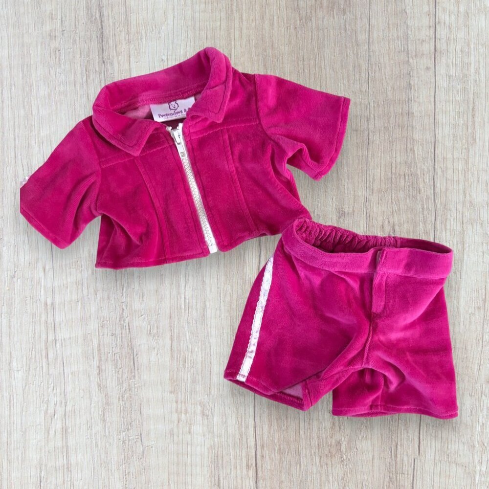 Pawsenclaws & Co Teddy Bear Velour Tracksuit Pink Zip Jacket Shorts Outfit Set